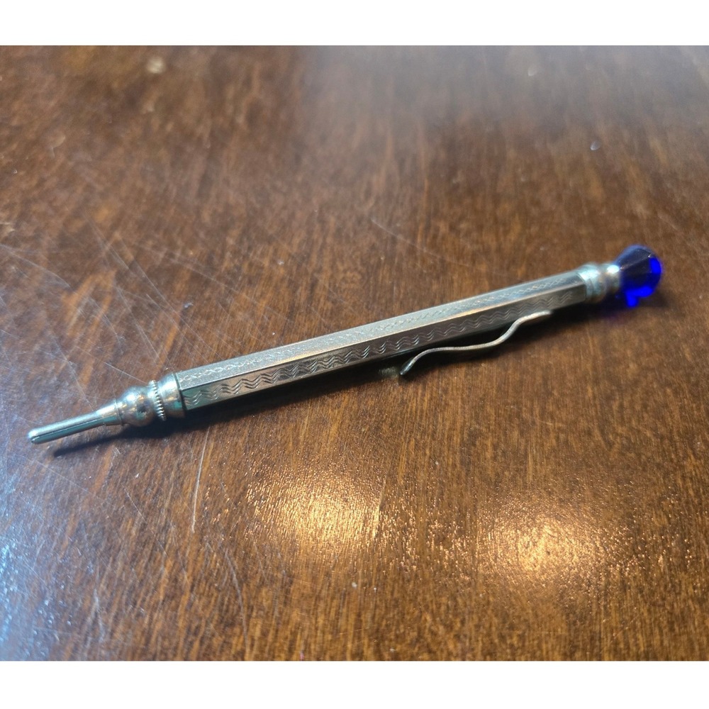 Antique Mechanical Pencil 1920s Silverplate Hexagonal Cobalt Blue Jewel